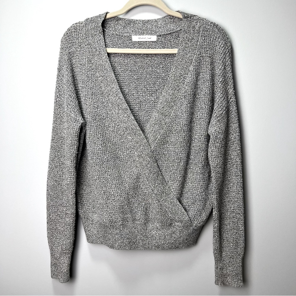 Mustard Seed Womens Deep V Wrap Pullover Knit Sweater Size M Black White Marled